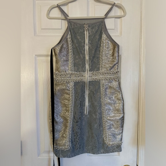 PrettyLittleThing Luci Pale Blue Premium High Neck Jacquard Lace Panel Mini *NWT - Picture 4 of 10